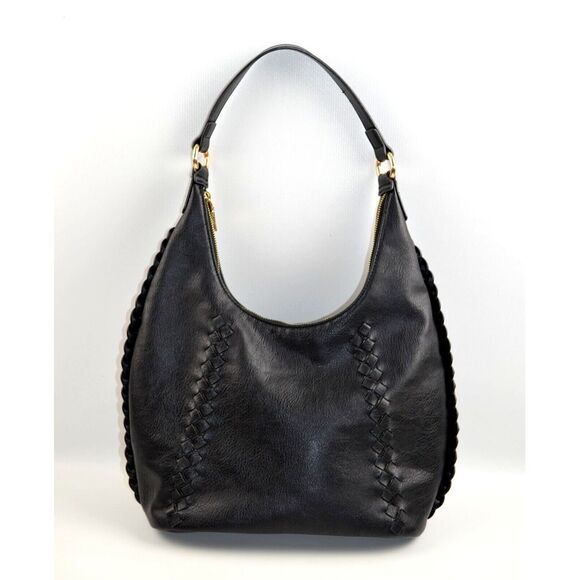 Moda Luxe Handbags - Moda Luxe Black Leather Hobo Shoulder Bag with Braided Detail